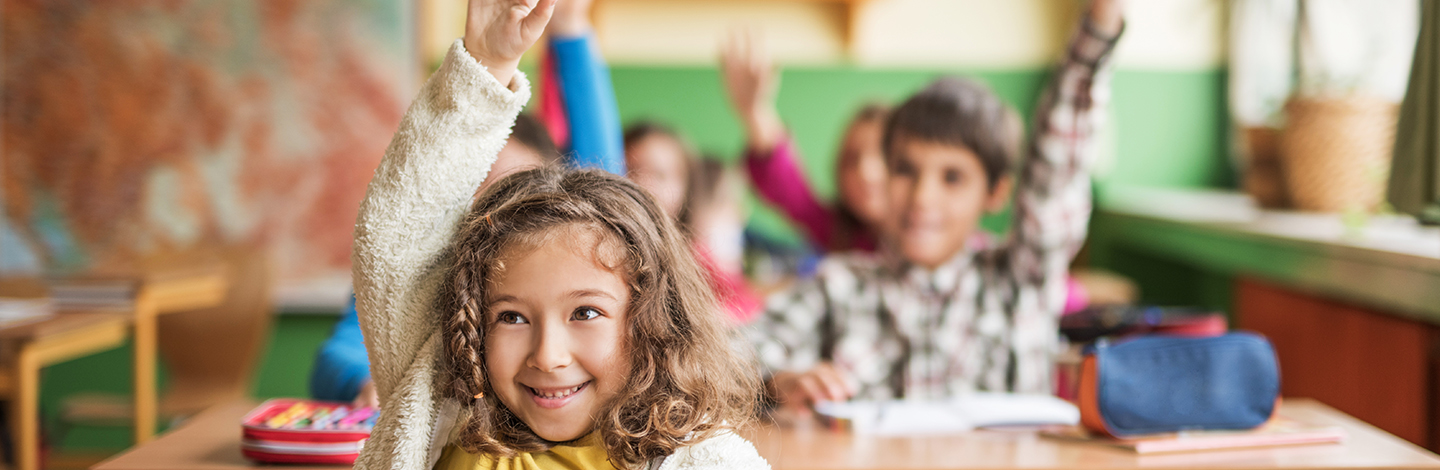 A group of students raising their hands