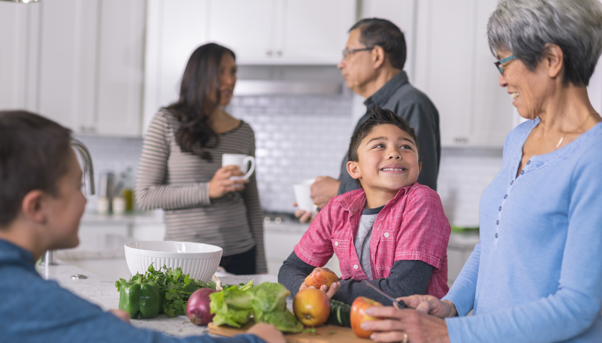 A family preparing food in a kitchen